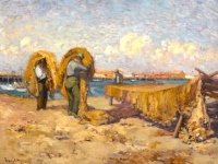 Franz Arthur Bischoff (American, 1864-1929) Mending nets, San Pedro 