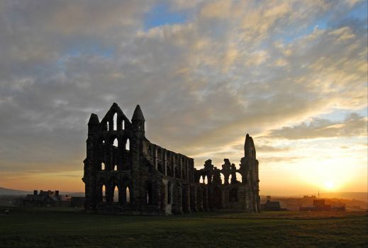 Whitby Abbey at sunset.