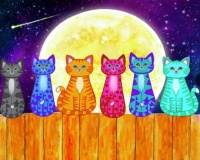 COLORFUL CATS ON A FENCE
