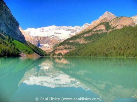 Lake Louise in Banff, one of the muraine lakes that are colored by the ground rock from the glaciers above it.