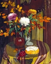 Still Life with Chrysanthemums Foliage and NeedleCraft ~ Félix Vallotton (Swiss-French,1865–1925)