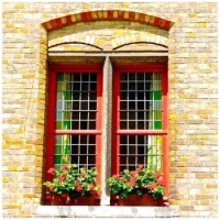 Beautiful Red Window in a Yellow Brick Wall