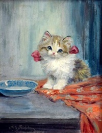 Kitten with milk bowl by Meta Plückebaum (German, 1876-1954)