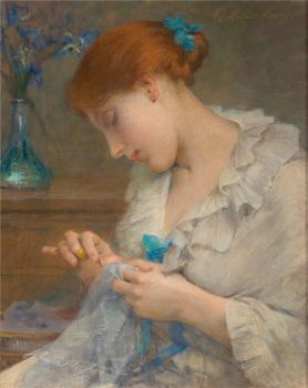 -Sewing girl with flowers in vase