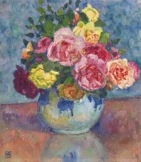 Theo van Rysselberghe  (Belgian 1862-1926 ) Roses in a Blue Vase