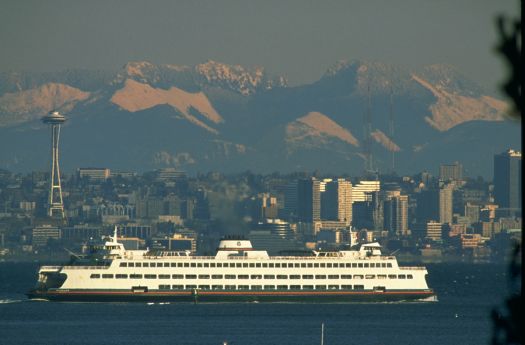 Seattle Ferry, Space Needle & Cascade Mountains