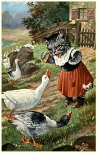 Kitten Feeding Fowl, 1919, postcard by Carl Robert Arthur Thiele (German, 1860-1936)