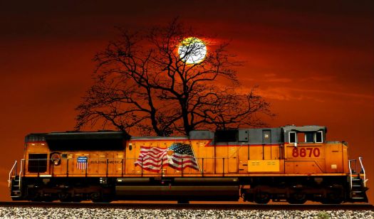 american train at sunset