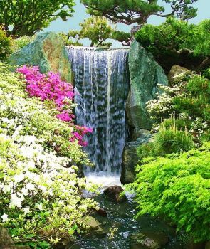 Waterfall with Azalea Flowers