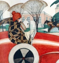 Girl and pug in an Automobile (sketch for a magazine illustration, 1927)