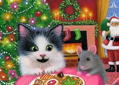 Kitten, mouse and cookies for Santa