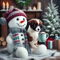 A Snowman and puppy sharing hot cocoa