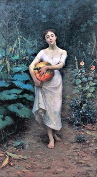 Young Girl Carrying a Pumpkin