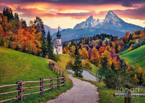 Bavaria Church and Trees at Sunset in Autumn by Thomas Jones