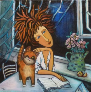 Solve Jie ZHong Artwork - 'Femme Et Chat' jigsaw puzzle online with 196 ...