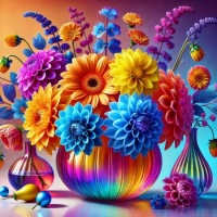 flower arrangement in an iridescent vase,ink