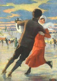Romantic Couple Ice Skating  ~ Vintage Illustration