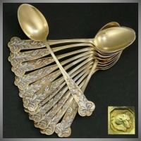 Teaspoons - 12 Antique Art Nouveau French Sterling Silver Gilt Vermeil Teaspoons.