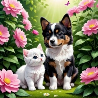 Kitten and Dog Pink Flowers, resizable 9 to 483 pieces