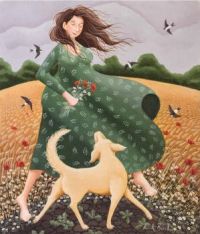 Lady And Her Dog Walking In A Field  By Lucy Almey Bird