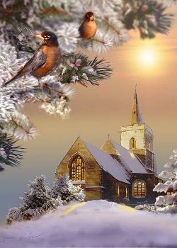 Winter Scene With Robins & Church