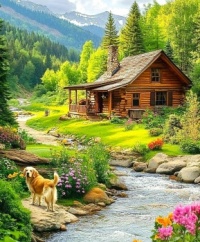 Log Cabin With a Stream and Dog......