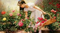 girl with basket picking roses