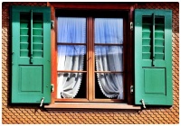 Window with Green Shutters and White Curtains