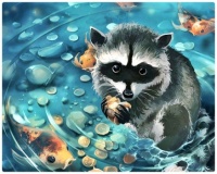 Raccoon Tidies the Fish Wishing-Well Pool
