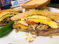 Steak, egg & cheese with tomato and Serrano slices
