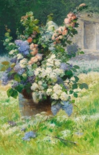 Lilac branches and hollyhocks by Eugène Henri Cauchois (1850-1911)