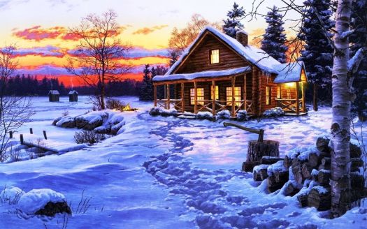 winter lake cabin