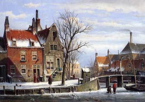 "A View in a Town in Winter with Skaters on a Frozen Cana"l-Willem Koekkoek, date unknown