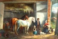 Anthony de Bree (British, active 1876–1913), Barn Interior with Horses and Figures