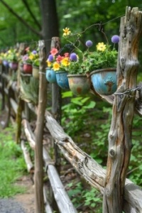 Rustic fence with flowerpots