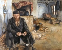 Maurycy Minkowski, An Interior with a Man Peeling Potatoes