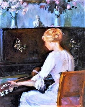 Young Woman Playing a Guitar Before a Piano