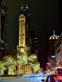 Chicago Water Tower with Christmas lights.