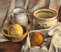 Still life with ceramic pots and apples by Mikulas Galanda