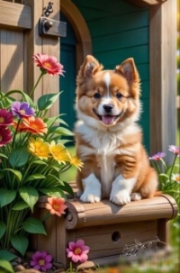 Happy Pup and Flowers
