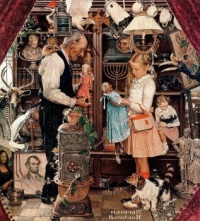 April Fool (Girl with Shopkeeper, Curiosity Shop) - Norman Rockwell - 1948