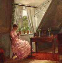 Interior with Anna Augusta Åhman sewing by a window