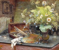 Interior with field bouquet, artist's paintbox, palette and a half-smoked cheroot, no date, Bertha Wegmann (1847-1926)