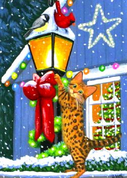 Bengal Kitten on a Christmas Lamp Post