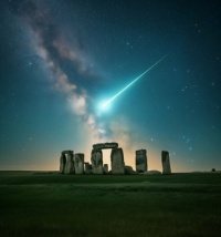 Meteor streaking across the night sky above Stonehenge