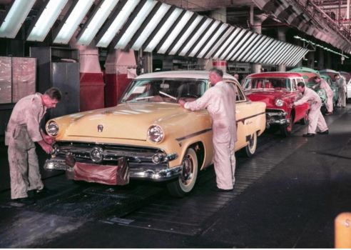 1954 Fords -- Dearborn assembly plant final line.