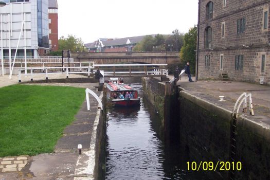 Kirkstall Flyboat entering Lock #1, Leeds & Liverpool Canal, from River Aire, Leeds