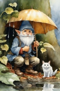 super cute old gnome and cat hiding from rain under a big leaf