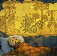 A scene from Christopher Denise's children's book, "Knight Owl" (also known as Chevalier Chouette or Die kleine Rittereule). 2024