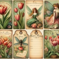 Seasonal Vintage Art - Spring - Pretty Gift Tags - Tulips & Fairies 1 (Resize: 9 - 144 Pieces)